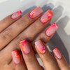 Hot Pink Press on Nails Medium Square Fake Nails Marble False Nails with Design Orange Gradient Stick on Nails Ombre Glue on Nails Reusable Acrylic Nails for Women Girls Manicure 24pcs