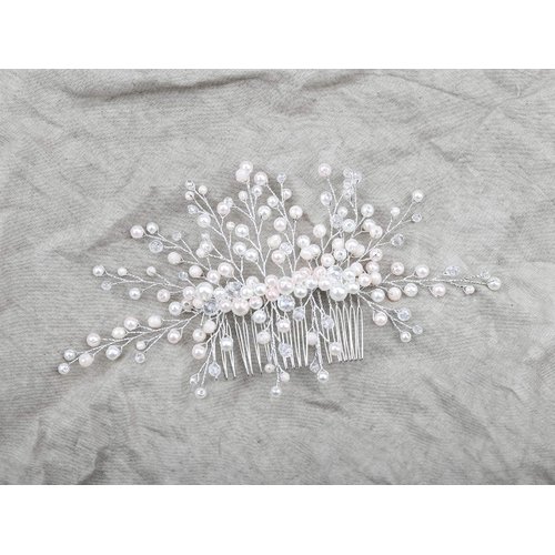 Kercisbeauty Wedding Bridal Bridesmaid Pink Champagne Pearl Beads Rose Gold Hair Comb Updo Hair Accessory Prom Headpiece (Silver)