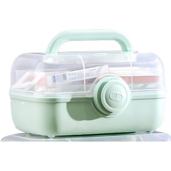 YXQ First Aid Box, Plastic Removable 3-Tier Fold Tray Pill Case Portable Handled Medicine Storage Organizer Box Empty Tackle Bin for Home/School/Office,Green
