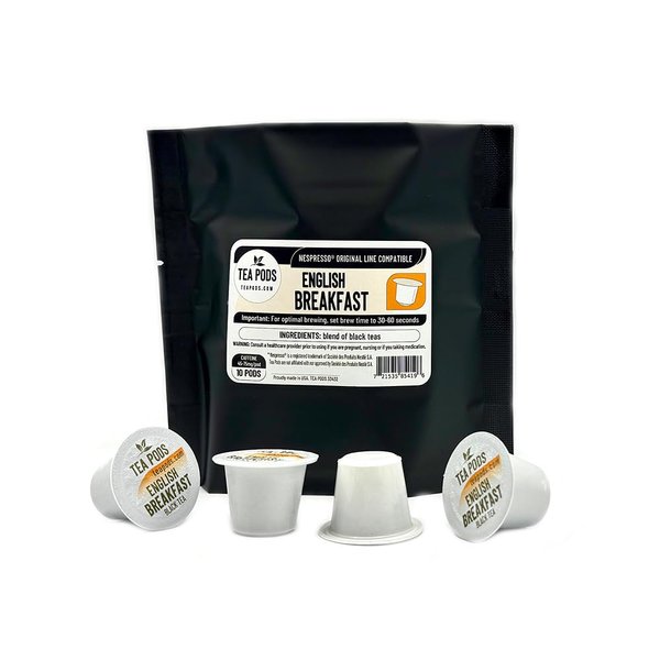 10 English Breakfast black tea pods compatible with Nespresso OriginalLine, single-serve tea capsules for coffee brewing machines