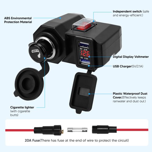 BlueFire 5V/2.1A Dual USB Charger Socket Waterproof Motorcycle Handlebar Clamp Power Adapter Charger USB Charging System with Cigarette Lighter Socket and Voltmeter for Phones/Tablets/GPS