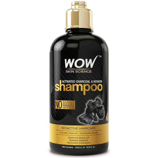 WOW Skin Science Activated Charcoal & Keratin Shampoo - Full Scalp Detox Cleanse - Restore Dry, Damaged Strands For Soft, Smooth, Shiny Hair- Sulfate & Paraben Free - All Hair Types, Adults & Children - 500 mL