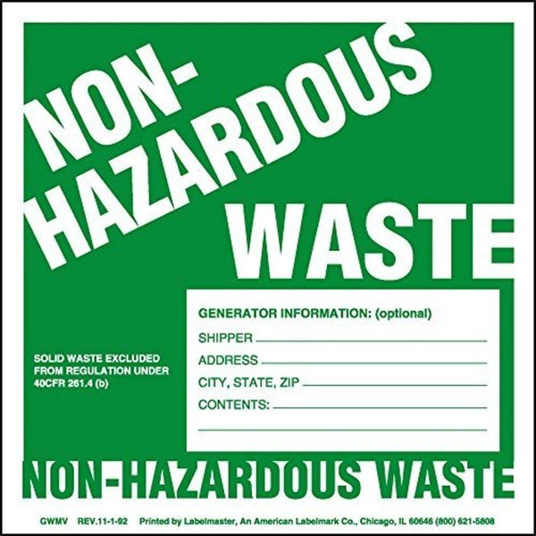 Labelmaster GWM7 Non-Hazardous Waste Label, W/Generator INFO, 6 x 6 inch (Pack of 100)