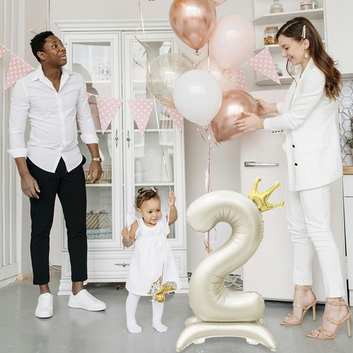 Eoopoon 42 Inch Crown Cream White Number Balloon, Big Size Number 2 Balloon with Base for Boy Girl Birthday Party Decoration, Anniversary Decor Theme Party Supplies (Cream White 2)