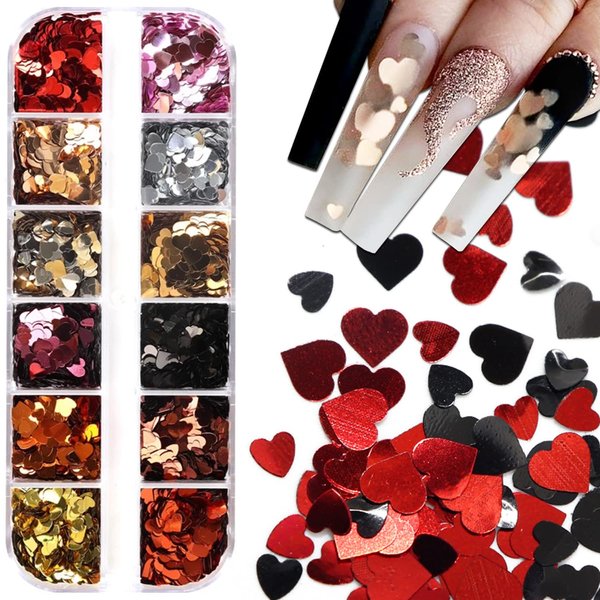 12 Grids 3D Heart Nail Art Stickers Holographic Laser Heart Nail Glitter Sequins Love Nail Decals Valentine's Day Nail Glitter Flakes Gold Red Black Silver Heart Glitter for Nail Art Decoration