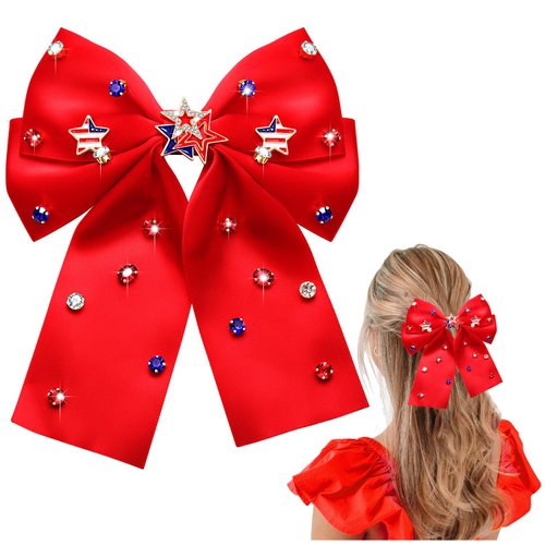 4th of July Accessories Hair Bows for Women Silky Satin Red Hair Bows American Flag Star Bows Patriotic Hair Ribbon Bow Clips USA Fourth Of July Hair Accessories Outfits Gifts Party Favors (Red)