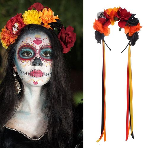 HANSAMU Floral Day of the Dead Headband Mexican Skull Rose Flower Crown Headpiece for Women Girls Halloween Costume (Orange Black Red)