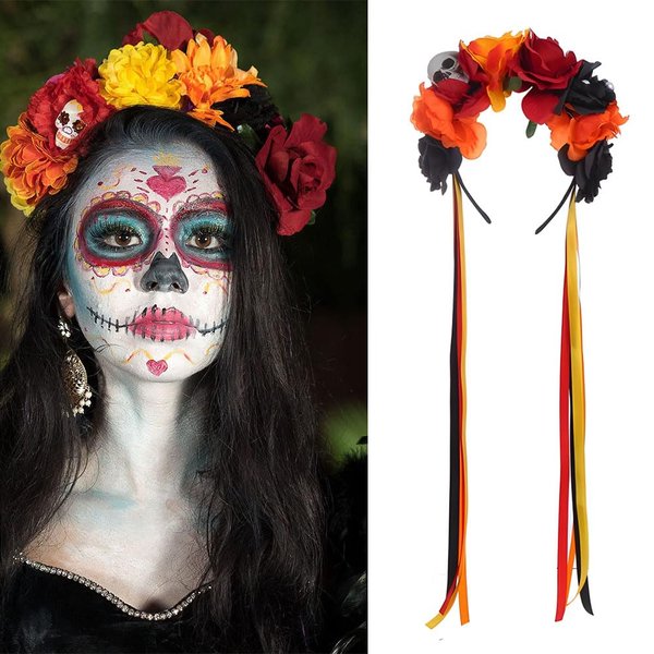 HANSAMU Floral Day of the Dead Headband Mexican Skull Rose Flower Crown Headpiece for Women Girls Halloween Costume (Orange Black Red)