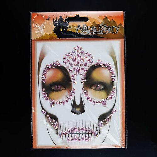Halloween Face Jewel Tattoos Pink Day of The Dead Face Rhinestones for Makeup Stick on Face Temporary Tattoos 1 Pack Glitter Rhinestone Tattoo Stickers for Women and Girls Crystals Party