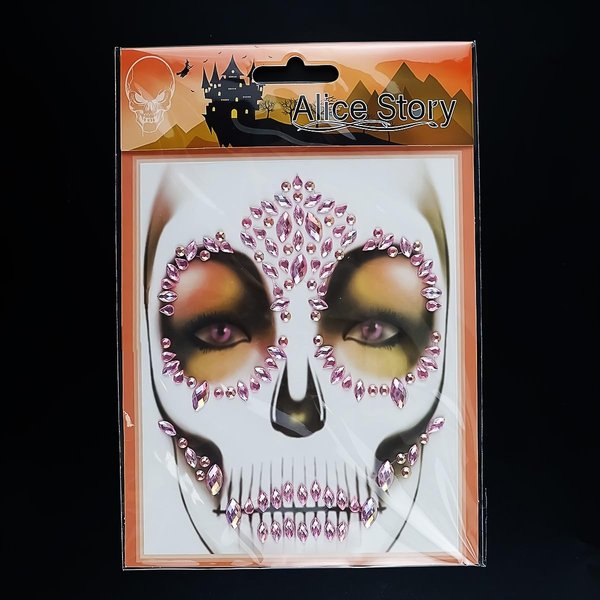 Halloween Face Jewel Tattoos Pink Day of The Dead Face Rhinestones for Makeup Stick on Face Temporary Tattoos 1 Pack Glitter Rhinestone Tattoo Stickers for Women and Girls Crystals Party