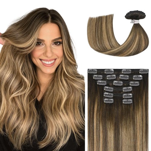 Ukira Hair Extensions Real Human Hair, Balayage Clip in Hair Extensions Real Human Hair Chocolate Brown to Caramel Blonde 120g 16 Inch, Natural Straight Remy Human Hair Clip in Extensions