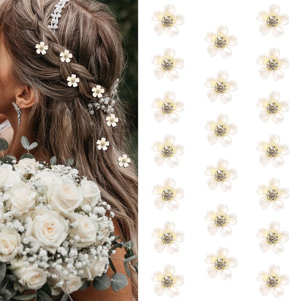 YISSION 20Pcs Mini Pearl Flower Hair Clips Cute Rhinestone Hair Pins Small Decorative Hair Clips Wedding Hair Barrettes White Flower Hair Clips Bridal Hair Accessories for Girls Women