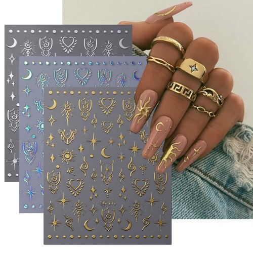 KEHKFSEF Moon Star Nail Stickers, 3D Self-Adhesive Art Decals Stars Sun Design Stickers Laser Gold Supplies Heart Silver for Women Girls DIY Acrylic Decoration.