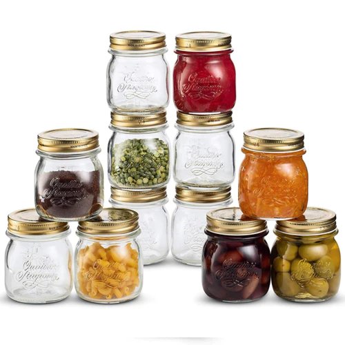 Bormioli Rocco Quattro Stagioni Small Glass Mason Jars 8.5 Ounce Mini Jars 12-Pack, with Metal Airtight Lid, For Jam, Jelly, baby food, Crafts, Spices, Dry Food Storage, Wedding favors, Decorating Jar