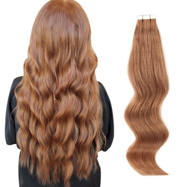 ABH AmazingBeauty Tape in Hair Extensions Semi-permanent Pre Taped Real Remi Remy Human Tape in Human Hair 50g 20pcs Skin Weft Invisible Seamless Reusable Platinum Light Auburn Color 30 18 Inch