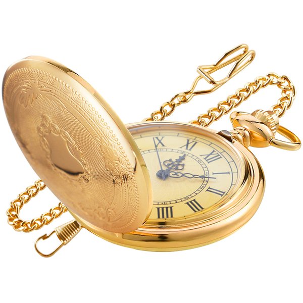 Realpoo Gold Smooth Shield Round Case Quartz Pocket Watch Quartz Movement with Chain-Gold