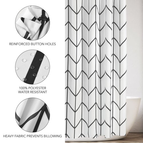 mDesign Fabric Geometric Shower Curtain - Herringbone Chevron Print with Reinforced Buttonholes for Master/Guest Bathroom - Machine Washable & Water Resistant Curtains - 72" x 72" - Black/White