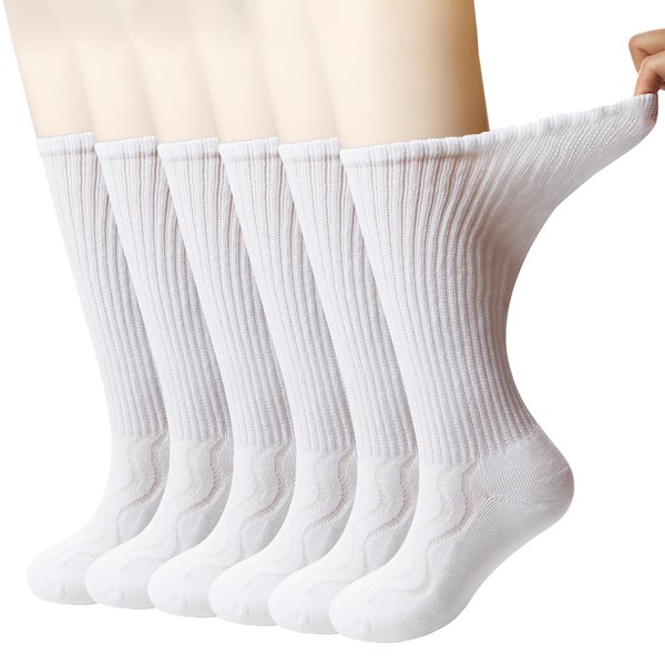 +MD 6 Pairs Non-Binding Women's Cushioned Moisture Wicking Diabetic Crew Dress Socks 9-11 White