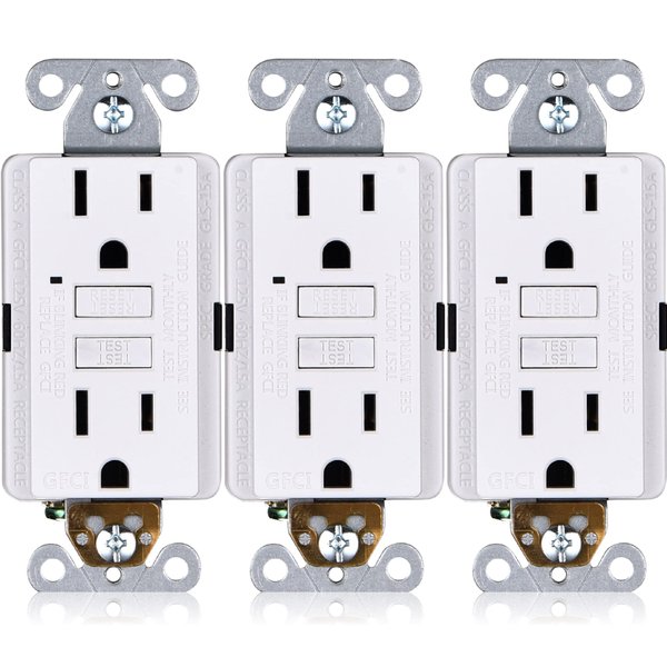 15A GFCI Outlets [3-Pack], Non-Tamper-Resistant GFI Duplex Receptacles with LED Indicator, Self-Test Ground Fault Circuit Interrupter, ETL Listed, White, 3 Piece
