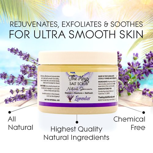 The Keys Salt Scrub, Lavender Foot and body Scrub, Exfoliating body scrub for Women, Men hands, and bikini area Made with Florida Sea Salt, Organic Essential Oils, Nutrients & Wooden Spoon (12 oz).