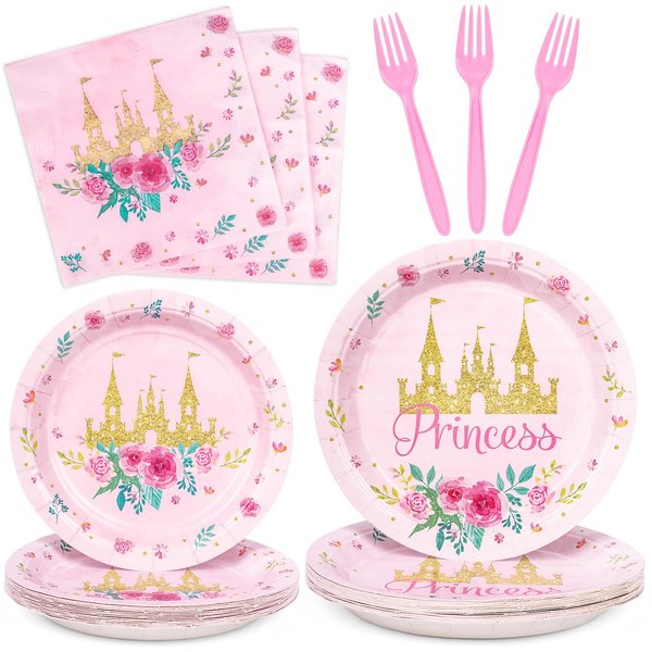 DECORLIFE Princess Party Supplies Serve 24, Princess Party Plates and Napkins for Girls Birthday, Baby Shower, Total 96PCS