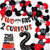 Racing Car 2nd Birthday Decorations for Boys, Red Black Race Flag Wheel Tire Balloon Garland Arch Kit with TWO FAST 2 CURIOUS Banner and Cake Topper for Kids Birthday Party Supplies