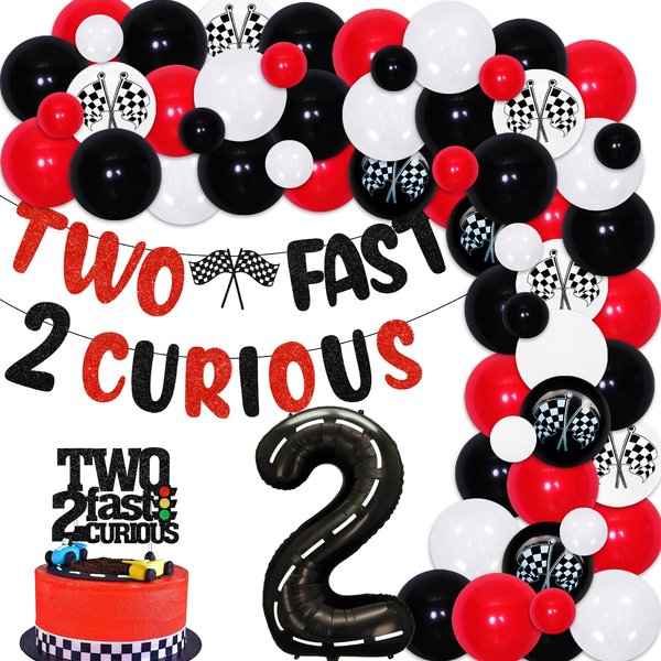 Racing Car 2nd Birthday Decorations for Boys, Red Black Race Flag Wheel Tire Balloon Garland Arch Kit with TWO FAST 2 CURIOUS Banner and Cake Topper for Kids Birthday Party Supplies