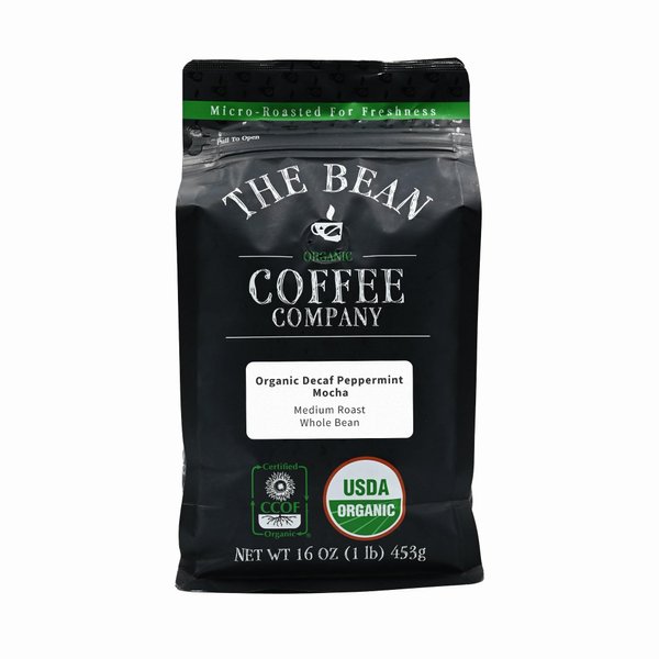 The Bean Organic Coffee Company Water Processed DECAF Peppermint Mocha, Medium Roast, Whole Bean Coffee, 16-Ounce Bag