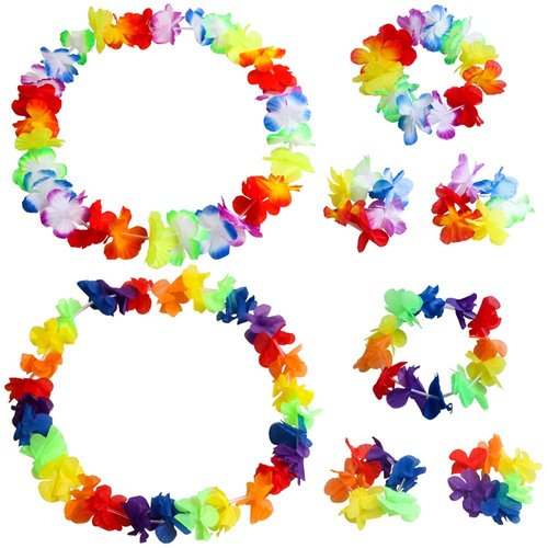 Hawaiian Leis Luau Tropical Headband Flower Crown Wreath Headpiece Wristbands Women Girls Floral Necklace Bracelets Hair Band For Summer Beach Vacation Pool Party Decorations Favors Supplies Colorful