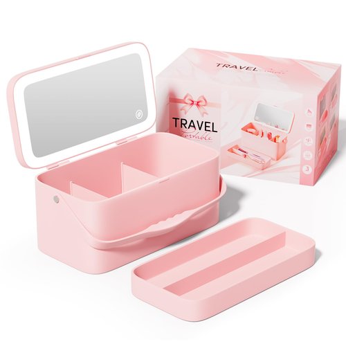 Buqikma Makeup Organizer with Mirror Makeup Travel Case 3 Color Adjustable Brightness Lighted Makeup Mirror Portable DIY Partition Rechargeable Makeup Bag with Compartments Valentine's Day Gift