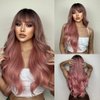 Qihang Pink Wig with Bangs Long Wavy Pink Wigs for Women Ombre Pink Curly Wavy Synthetic Wigs with Dark Roots for White Women Girls Daily Party Replacement 26 inch