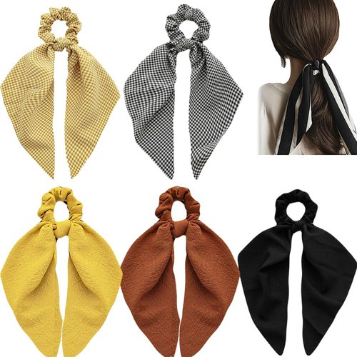 Black Yellow Scarf Scrunchies for Hair Ribbon Ties Bow Scrunchies with tail, Stripe Plaid Elastic Hair Scarf Black Hair Ties Bands Long Ponytail Scrunchies for Women (black yellow)