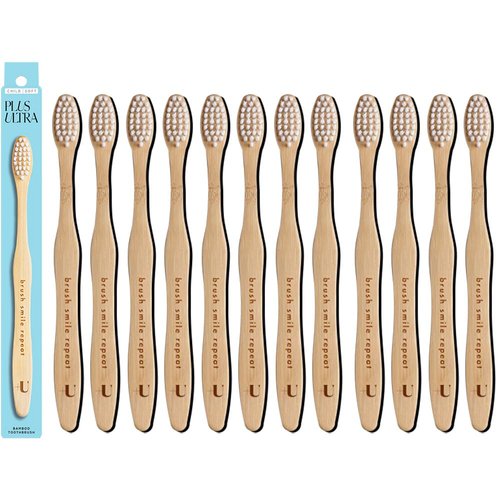 Kids Biodegradable and Eco-Friendly Bamboo Toothbrush 12-Pack - BPA Free Soft Bristle - Dentist-Approved and All-Natural with "Brush Smile Repeat" Etched on Handles by Plus Ultra