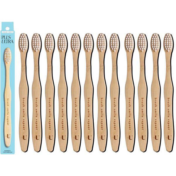 Kids Biodegradable and Eco-Friendly Bamboo Toothbrush 12-Pack - BPA Free Soft Bristle - Dentist-Approved and All-Natural with "Brush Smile Repeat" Etched on Handles by Plus Ultra