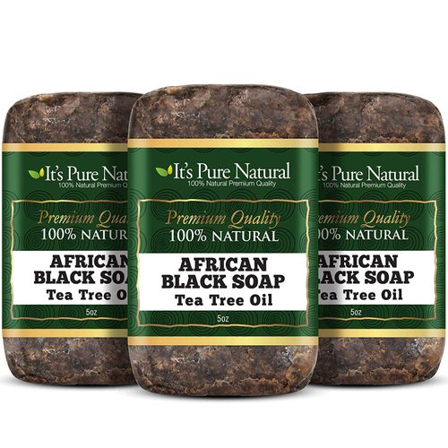It's Pure Natural African Black Soap Bars with Tea Tree (Pack of 3) Organic Raw Soap for Face & Body, Acne Treatment & Dark Spot Remover [Made in Ghana]