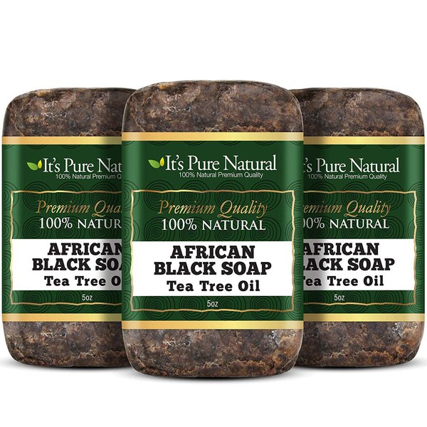 It's Pure Natural African Black Soap Bars with Tea Tree (Pack of 3) Organic Raw Soap for Face & Body, Acne Treatment & Dark Spot Remover [Made in Ghana]