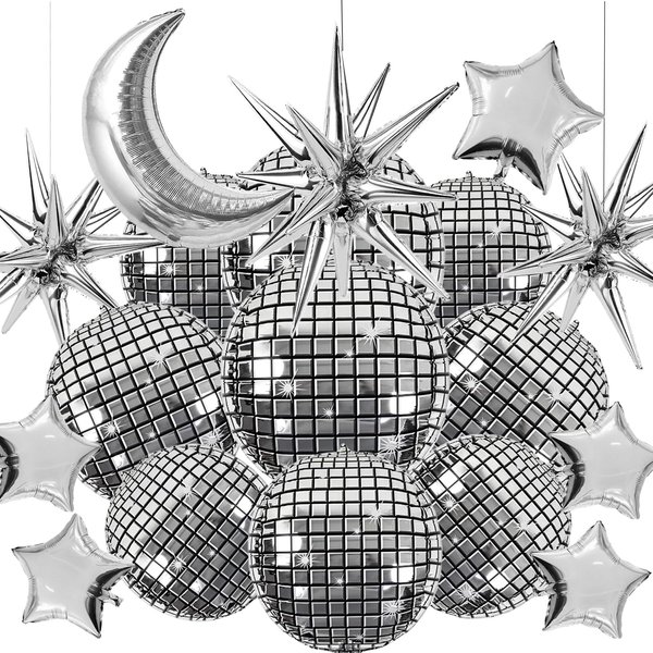 17 Pcs Disco Ball Balloons, Huge Silver Explosion Star Aluminum Foil Balloons Foil Moon Star for Birthday, Bachelorette Party, 70s 80s 90s Theme Disco Party Decorations Supplies (Silver Star)