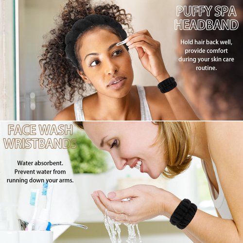 WHAVEL 6PCS Terry Cloth Spa Headband and Wristband Set, Makeup Headband Puffy Sponge Headband Face Wash Headband for Washing Face Women Mom Gifts(Black)