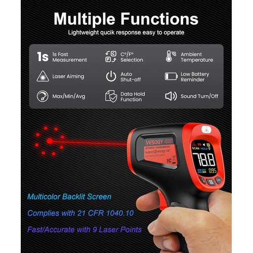 Infrared-Thermometer-Gun-Heat-Temperature-Gun -58°F ~932°F-Auto Off Digital Laser Thermometer Gun for Cooking, Pizza Oven, Grill, Large Display IR Thermometer Temp Gun with Adjustable Emissivity