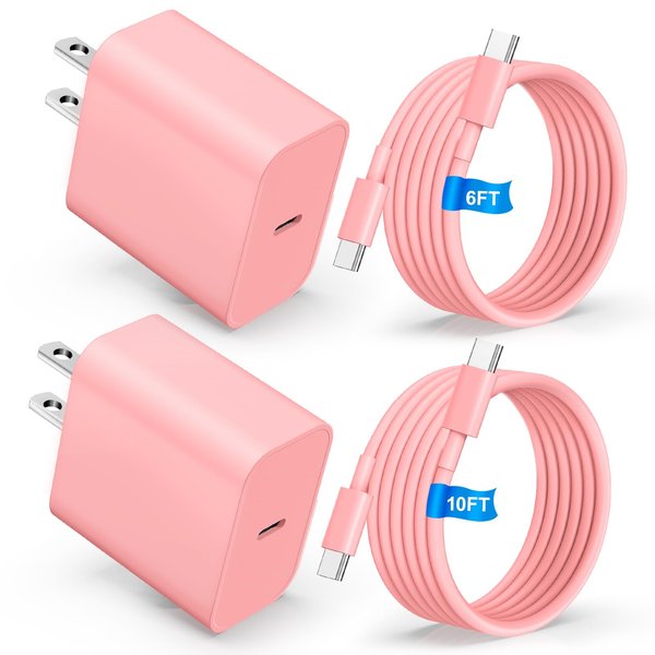 Compatible with iPhone 16/15 Charger, 20W Fast Charging Wall Charger Block Cubes with 6/10Ft USB C to USB C Cable Compatible with iPhone 16/Plus/Pro Max/15/Plus/Pro Max/iPad Pro Charger Pink 2Pack