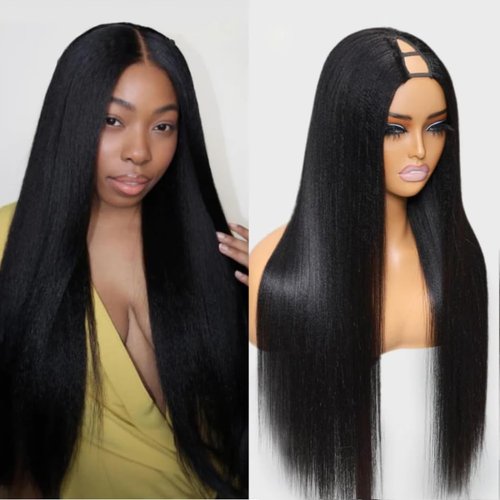 YIROO V Part Wig Yaki Straight Human Hair Wigs for Black Women Upgrade Upart Wig No Leave Out 12A Glueless Kinky Straight V Shape Clip in Half Wig No Glue No Sew Beginner Friendly 180% Density 18 Inch