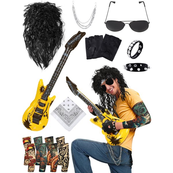 Mepase 12 Pcs 80s Rocker Costume for Men Including Hippie Wig, Sunglasses, Pants Chain, Bracelet, Headband, Tattoo Sleeve, Biker Glove and Guitar Props Punk Party Accessories