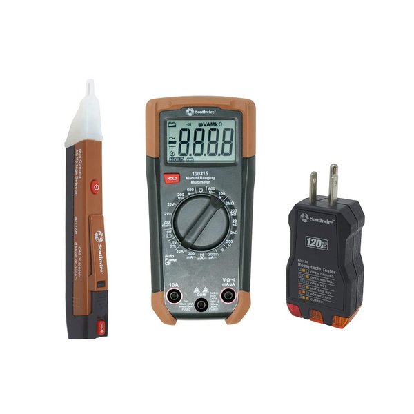Southwire 10037K Electrical Test Kit with Full-Function Multimeter; Non-Contact Voltage Detector; and Outlet Tester; Includes Test Leads and Batteries