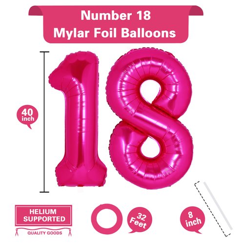 40 Inch Giant Hot Pink Number 18 Balloon, Helium Mylar Foil Number Balloons for Birthday Party, 18th Birthday Decorations for kids and adults, 18 Year Anniversary Party Decorations Supplies