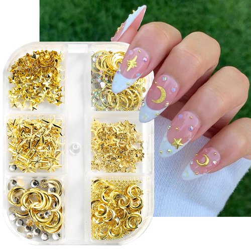 Moon Star Nail Charms Gold Nail Art Studs Metal 3D Rivets Charms with Glitter Nail Rhinestones Hollow Moon Studs Star Nail Jewelry Decoration Accessories for Women DIY Acrylic Nails Supplies-1 Box
