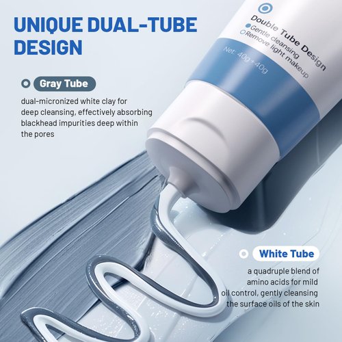 Relaso Hydrating Facial Cleanser, Dual-Tube Face Wash with Amino Acid & White Clay, Deep Clean for All Skin Type, Sunscreen Removal, Oil Control, Gentle Foaming, pH-Balanced, Unscented