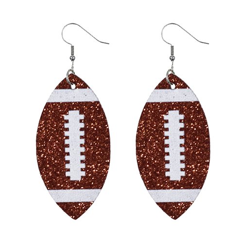 Handmade Faux Leather Football Ball Drop Earring Lightweight Sparkly Glitter Dangle Earring for Women Girl Teen Mother Statement Jewelry Sport Accessory-G browm