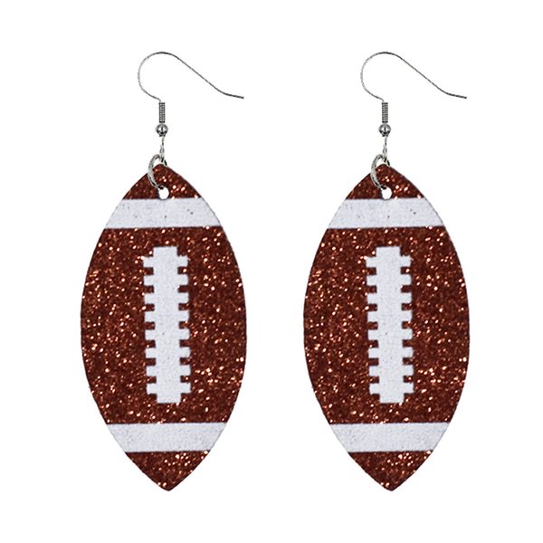 Handmade Faux Leather Football Ball Drop Earring Lightweight Sparkly Glitter Dangle Earring for Women Girl Teen Mother Statement Jewelry Sport Accessory-G browm