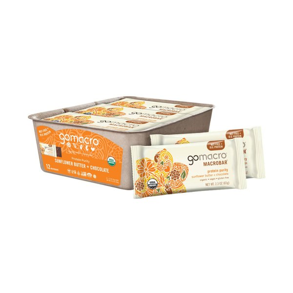 GoMacro MacroBar Organic Vegan Protein Bars - Sunflower Butter + Chocolate (2.3 Ounce Bars, 12 Count