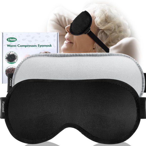 Heated Eye Mask (2-Packs), TOPOINT Moist Warm Eye Compress Microwave with Flaxseed Cassia Seed, Weighted Eye Mask for Sleeping, Dry Eyes, Stye Eye Treatment, Relief Eye Fatigue (Black&Grey)